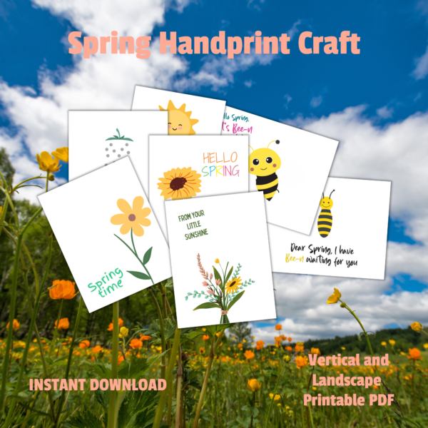 greener in the background spring handprint craft, instant download, vertical and landscape printable pdf, bee and flower handprint images
