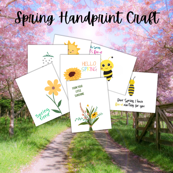 pink trees with dirt path background with spring handprint craft with flower handprint art and bee handprint art images