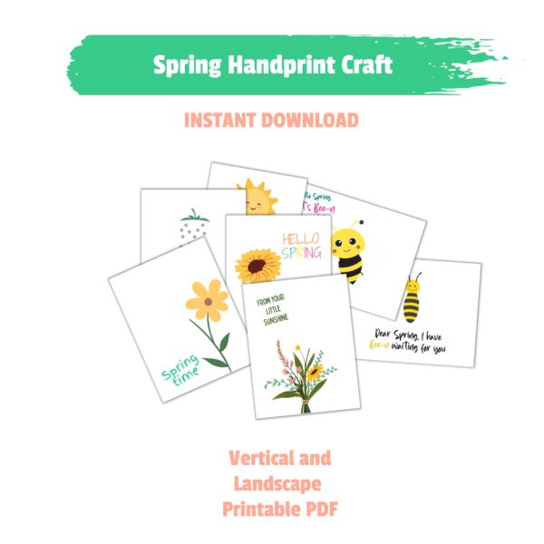 white background with Spring Handprint Craft Instant Download Vertical and Landscape Printable PDF flowers, bee, strawberries art