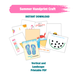 white Background with Summer Handprint Craft Instant Download Vertical and Landscape Printable PDF with Ice Cream Handprint Art, FlipFlop Art, Sun, Beach Footprint Art, Watermelons Crab Art