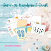 teal background with sand and shells with summer handprint craft yearly summer activity, flip flop footprint art, watermelon handprint art, pineapple art, ice cream handprint art