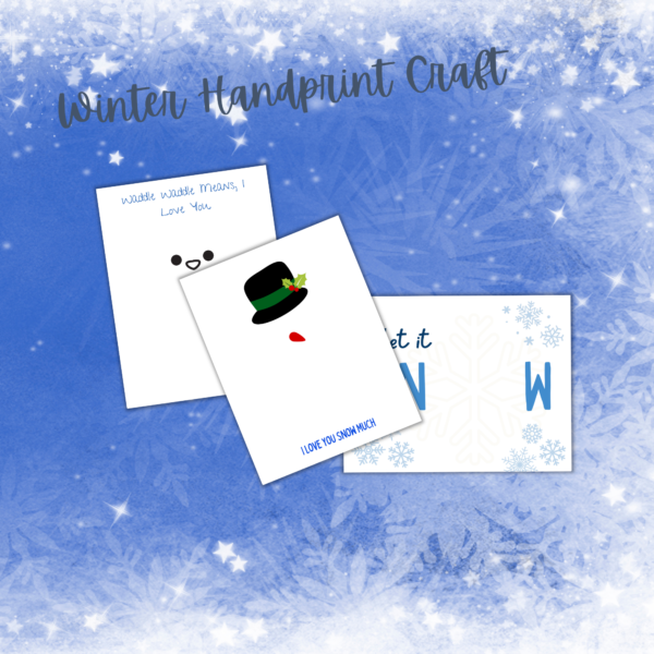 Snowy background with snowflakes for winter handprint craft art with snowman and penguin