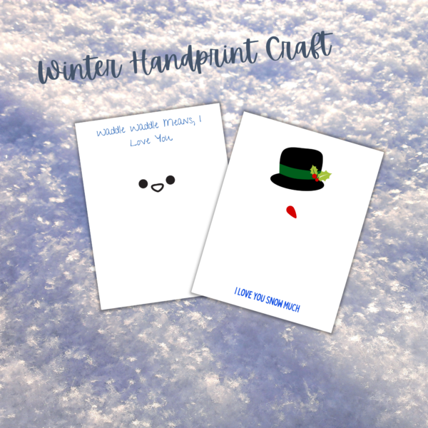 Winter handprint craft with vertical pages shown like penguin and snowman