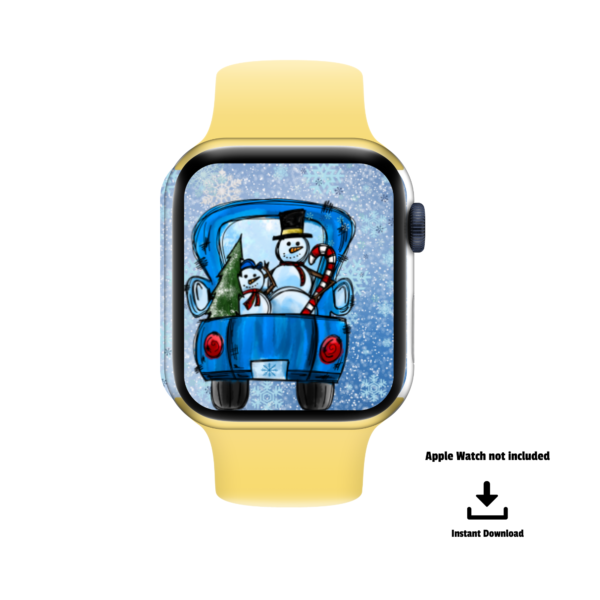 white background apple watch not included, instant download, blue truck with snowmen and candy cane and tree, with snowflakes around truck