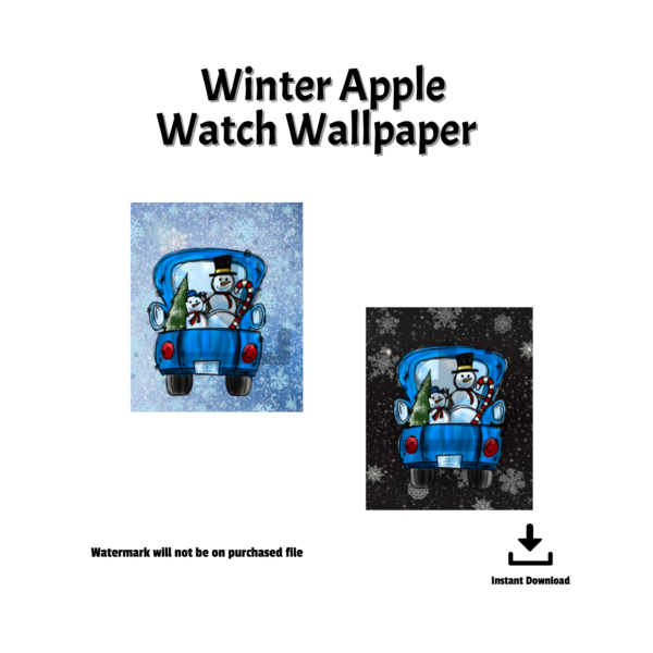 white background, watermark will not be on purchase file, instant download, two files with main image being blue pick up truck with two snowmen, candy cane, and evergreen tree, and two different background one is white and blue, the other is black and white
