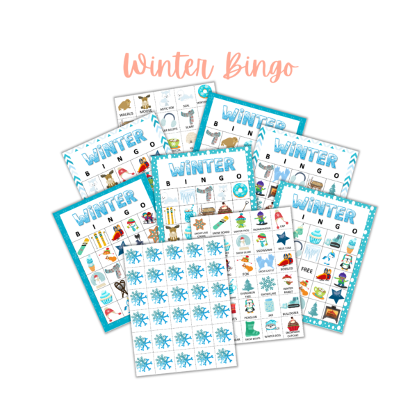 white background with Winter Bingo with images of the boards for bingo, cover pieces, and calling pieces.