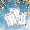 blue tree light background with three pages of Minty Snowman Christmas Cookies, Christmas Movie Quotes, and Christmas Music Match Up