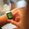 Someone wearing a watch with the display on showing a green sparkle background with yellow gold with the image of the tree words It's Not About the Tree with browns, greens, golds, and yellows