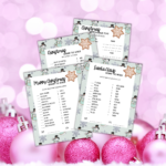 Pink background with pink solid and glitter ornaments with pages of the Minty Snowman Christmas Games show with Around the World Merry Christmas, Santa Claus, Christman and Most Popular Toys.