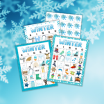 Blue snowflake background with the three different designs shown with chevron, snowflakes, and dots and the cover pieces images.