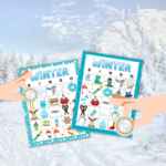 Wintery Snow Background with two winter bingo boards and a child's hand and adult hand using money to cover their square in bingo
