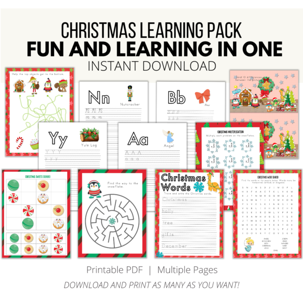 Christmas Learning Pack Fun Learning in One, Instant download, Printable PDF, handwriting pages N, B, Y, A, Find the Difference, Mazes, Picture Sudoku,