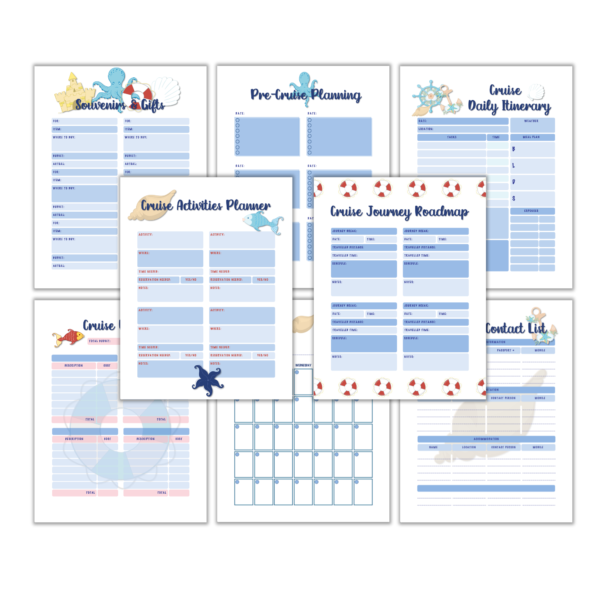 white background with 6 pages of the cruise ship guide shown, cruise activities planner, cruise journey roadmap, cruise daily, emergency contact, cruise budget, pre cruise, gifts, and monthly calendar