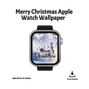 white background Merry Christmas Apple Watch Wallpaper, Instant Download, Apple Watch Not Included, black watch with blue sparkle snow background with words and tree