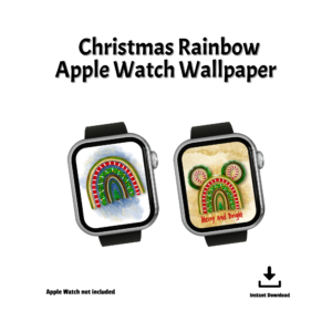 background with Christmas Rainbow Apple Watch Wallpaper, Apple Watch Not Included, Instant Download, shows two watchs one with magical ears Christmas rainbow and words Merry and Bright in red, other traditional rainbow with blue wash