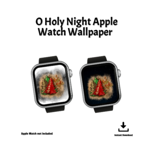 white background O Holy Night Apple Watch Wallpaper, Apple Watch Not Included, Instant Download, tow black watches with a main design of gold wash with three trees in brown, green, and red with O Holy Night display on them.