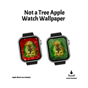 white background, apple watch not included, instant download, shows two watches with one main design with gold background with scrappy tree with ornaments with star, It's Now About the Tree, then choose between red and green glitter watch backgrounds