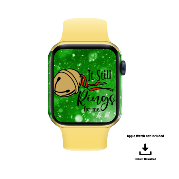 white background, apple watch not included, instant download, yellow watch with green sparkle snow backdrop with it still rings for me with gold bell and red ribbon