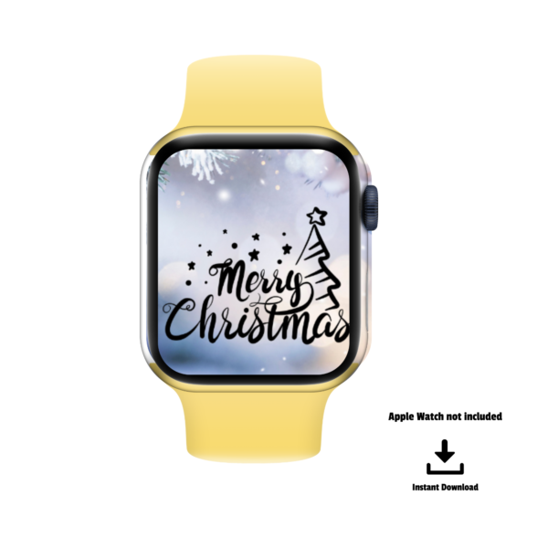 white background Apple Watch not included instant downloads, yellow watch with snow Merry Christmas tree background