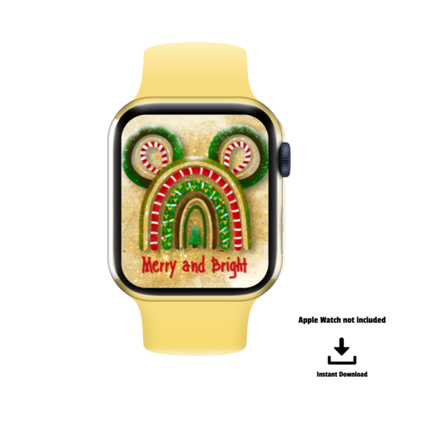 white background, apple watch not included, instant download, yellow watch with glitter background with red, green, yellow magical ears rainbow with Merry and Bright in Red