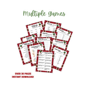 white background multiple games over 30 pages instant download, Christmas candy bar match, finish the phase, emoji, categories, this or that, scavenger hunt, finish the song, santa claus around the world, unscramble, missing vowels, find the guest