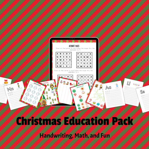 red green background with iPad showing AY Maze, Christmas education Pack with other worksheets shown