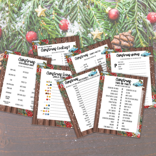 pine tree background with farmhouse pick truck games shown, scavenger hunt, Christmas cookies, candy match, emoji games, unscramble, this or that, and categories shown