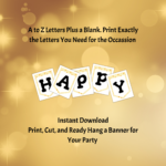 Yellow Gold Background, Words A to Z letters Plus a Blank. Print Exactly the Letters You Need for the Occassion. Instant Download, Print, Cut, and Ready Hang a Banner for your Party, The word HAPPY is shown in the banner pattern of star confetti