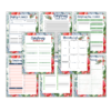 white background with party planner, christmas cookie schedule, Christmas Day planner, christmas prep, grocery list, Christmas Day, bucket list, and christmas movies to watch pages from the floral christmas planner shown