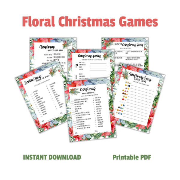 white background with Floral Christmas Games, Instant Download, Printable PDF, With 6 Game Cards Shown Christmas Music Match Up, Emoji Game, Santa Claus Around the World, Christmas Bucket List Idea, Scattagories, Name that Christmas Song