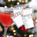 christmas red drink and lights in background with 4 pages of the christmas planner shown, Christmas Savings Tracker, Black Friday & Cyber Monday Sales, Christmas Card List, and Christmas Bucket List with the floral background on pages