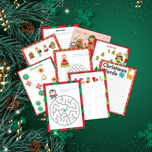 green pine background with worksheets of mazes, sudoku, find the difference, mazes, and christmas words