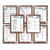 white background with name the Christmas song, finish the Christmas song, merry Christmas around the world, movie quotes, finish the phase, emoji, cookies, and around the world farmhouse game sheets