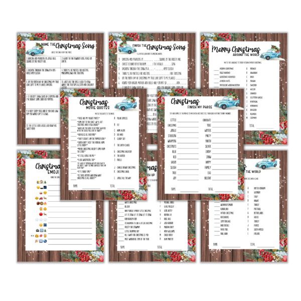 white background with name the Christmas song, finish the Christmas song, merry Christmas around the world, movie quotes, finish the phase, emoji, cookies, and around the world farmhouse game sheets