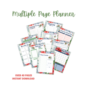 white background with Multiple Page Planner Over 40 Pages Instant Download, with some pages of the planner shown, grocery list, meal prep, todays schedule, monthly calendar, party planner, christmas baking plan, christmas bucket list,