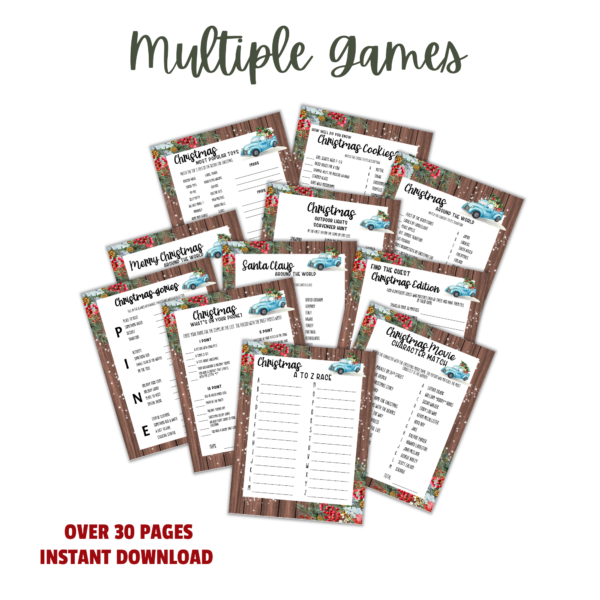 white background. multiple games. over 30 pages instant download. wood background with pine and hollys with pickup truck on each sheet. A to Z, Christmas Cookies, Scatagories, Find the Guest, Around the World, What's on Your Phone