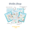 white background with Winter Bingo, Use Over and Over Again, Call pieces, 30 Boards, 3 Blue White Background Designs, and Bingo Snowflake Cover pieces then showing each printable of those items with arrows pointing to them