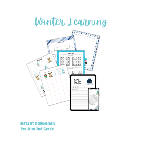 white background, winter learning, instant download, Pre-k to 2nd Grade, Worksheet shown are finished the picture, tic tac toe, sudoku, A to Y Mazes, Scissor Practice, Maze on iPhone, and the cursive letter K on ipad.