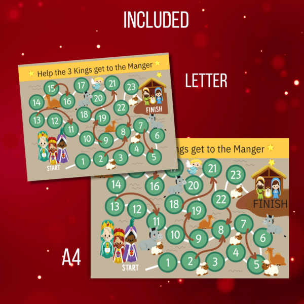 red background, Included Letter and A4 shows both versions of the printable board game with animals to the way to the manger on dessert background as the 3 wise men get to the nativity