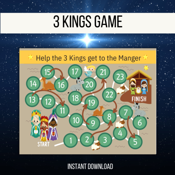 dark star background, white stripe 3 Kings -printable board Game, btm Instant Download, shows image of the board game Help the 3 Kings get to the Manger shows circle spaces with kings start to manger finish with donkeys and sheep without