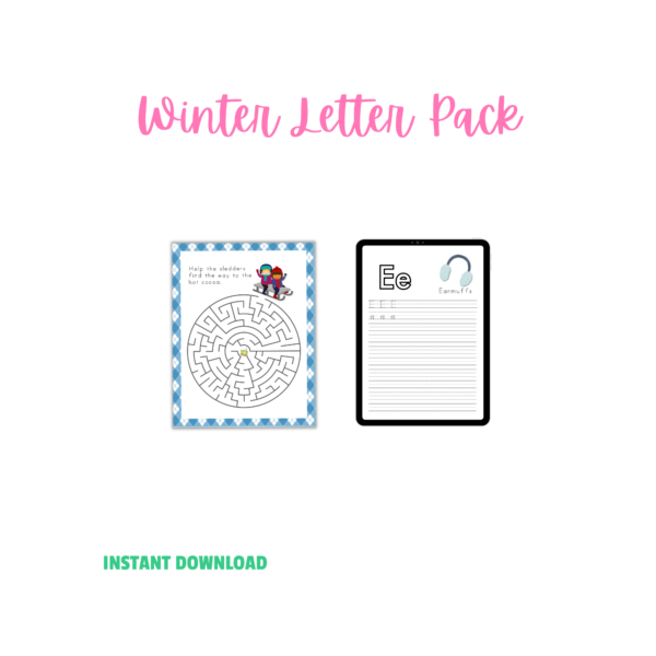 white background, Winter Letter Pack, Instant Download, Print It, Digitally with any Annotation app, Shows Maze and Letter E worksheet on ipad.