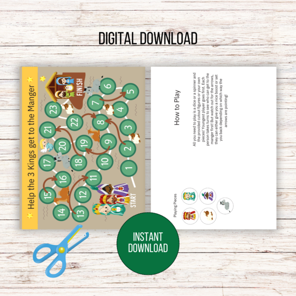 wood background, digital download, green circle with instant download, scissors board game and how to play directions and playing pieces being shown as A4 and letter size