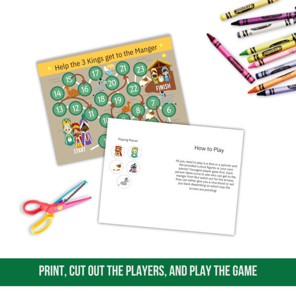 white background, crayons, scissors, green stripe bottom with print, cut out 3 wise men players, and play the game of help the 3 kings get to the manger printable board game