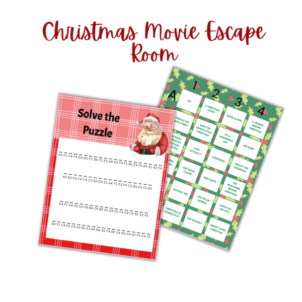 white background, Christmas Movie Escape Room, One Sheet to Solve the Puzzle, one to place your answers.
