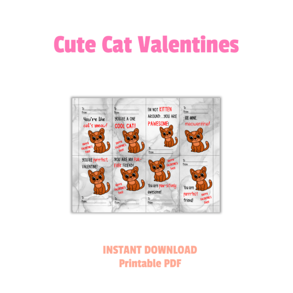 white background, cute cat valentines, instant download, printable PDF, grey background with orange cat paper