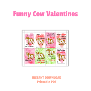 white background, instant download, printable pdf, Funny Cow Valentines, sheet of 8 cow valentines