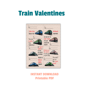 white background, train valentines, instant download, printable pdf, with printable train valentines shown of 4 diesel and 4 steam engines sheet