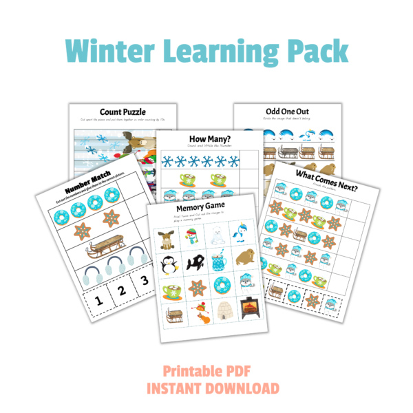 Winter Learning Pack pages on a white background