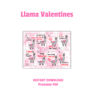 white background, Llama Valentines, Instant Download, Printable PDF, sheet with 8 different llama designs