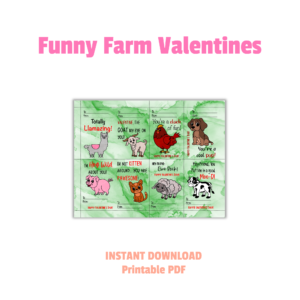 white background, funny farm valentines, instant download, printable pdf, with picture of farm animals with funny sayings